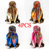 Four square scarves featuring leopard and paisley patterns in various colors like brown, orange, blue, and pink.