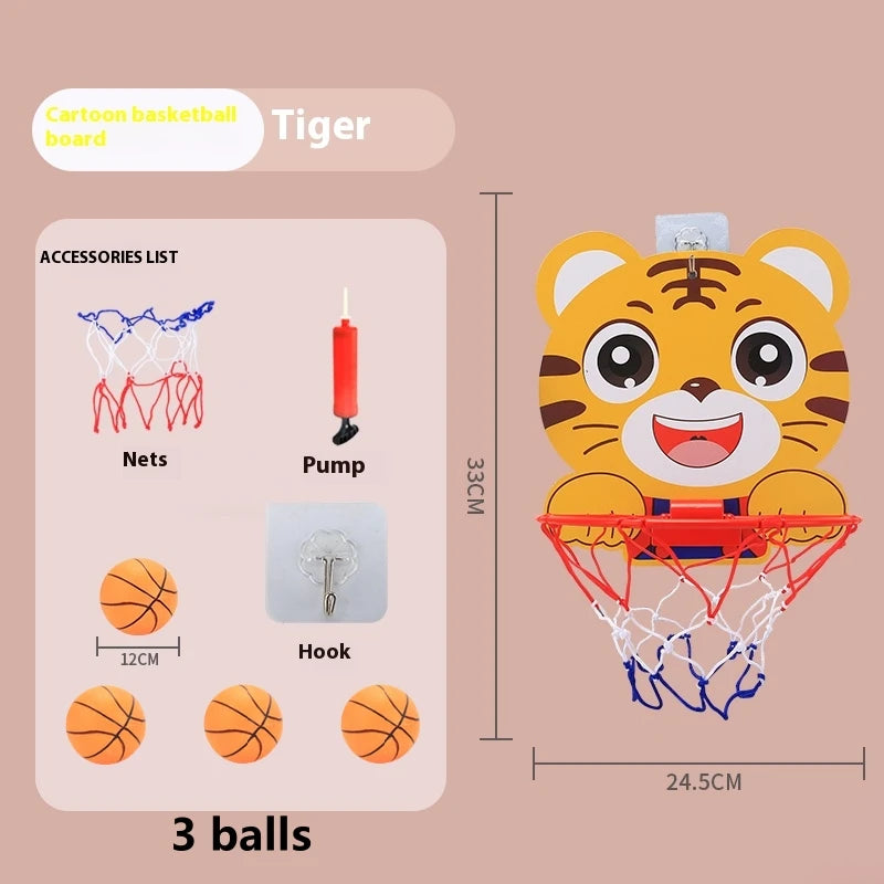 A yellow cartoon tiger basketball hoop set including nets, a pump, hook, and three orange balls.