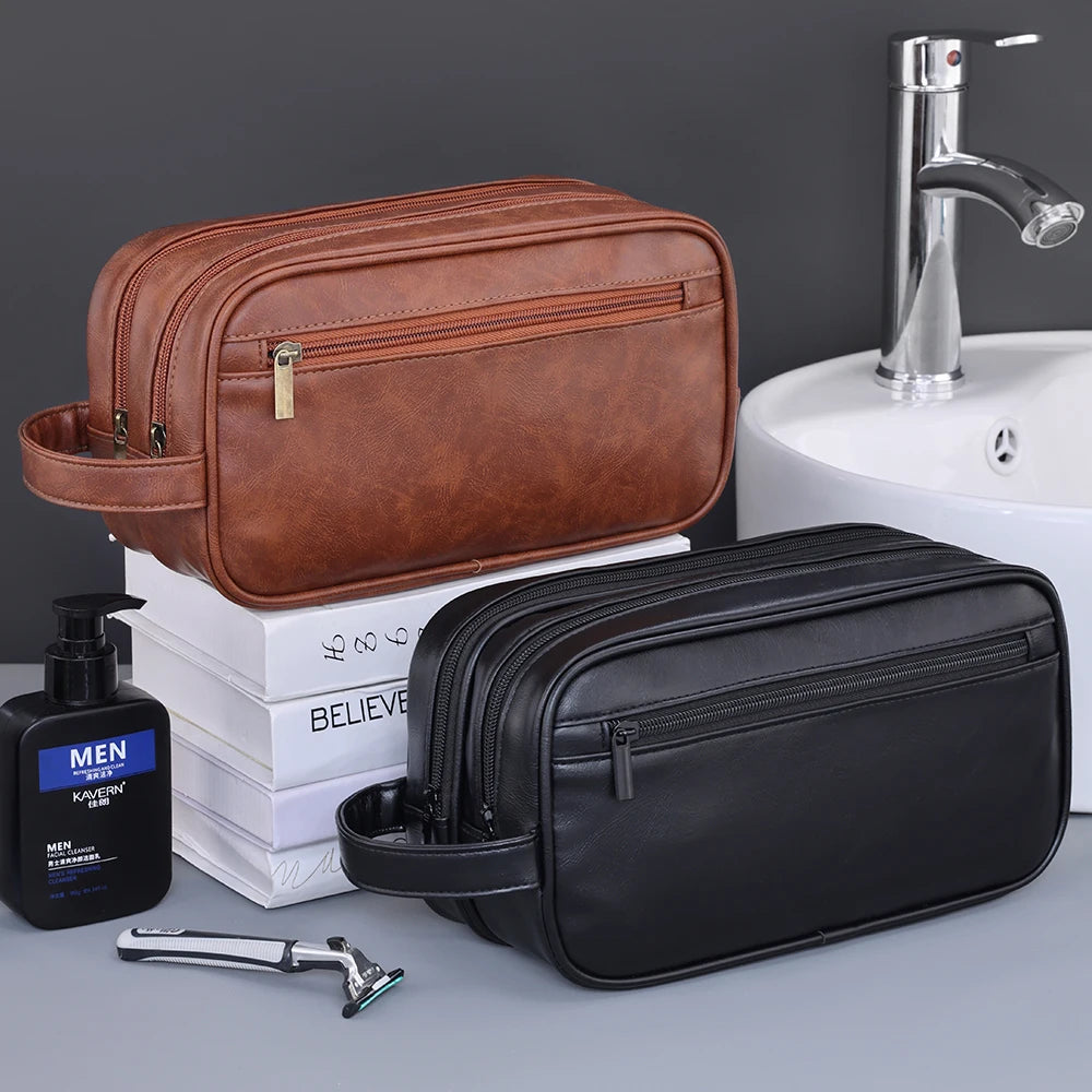 Premium PU Leather Double-Layer Toiletry Bag for Travel