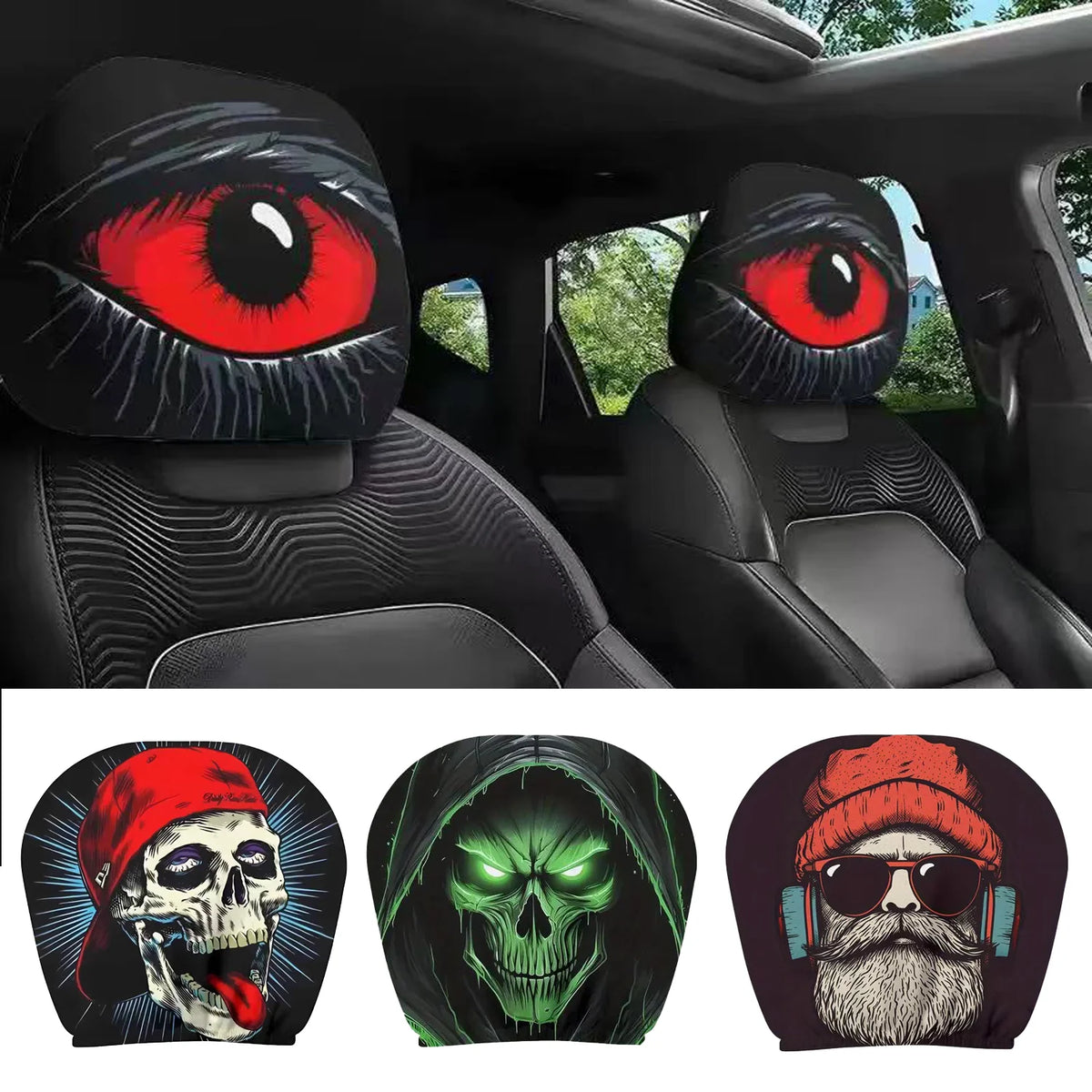 A set of two fun cartoon eye headrest covers featuring skulls and eyes for car seats.