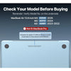 A light blue 13.6-inch MacBook Air is shown with a clear hard shell case, featuring model verification information.