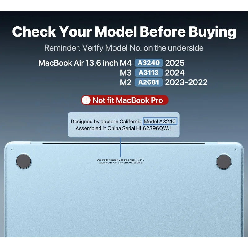 A light blue 13.6-inch MacBook Air is shown with a clear hard shell case, featuring model verification information.