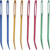 A row of bent tip tapestry needles in various colors including silver, blue, gold, green, pink, and purple.