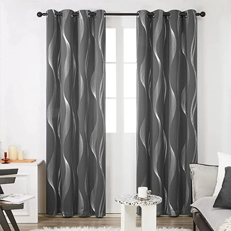 Silver Wave Pattern Blackout Curtains with Thermal Insulation and Noise Reduction