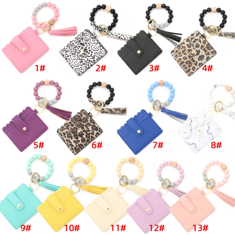 Silicone Bead Bracelet Leather Card Holder Wristlet