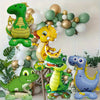 A collection of foil balloons shaped like various dinosaurs in green, yellow, and blue colors.