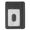 A black slim leather wallet with a clear window displaying an RFID blocking chip.