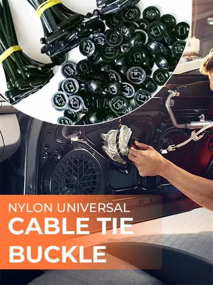 A close-up view of black nylon universal cable tie buckles and ties being used on a car interior.