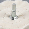A silver metal polishing buffing wheel with a 1/4 inch shank set against a white cloth background.