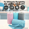 Rolls of reusable ultra-fine fiber tear-off towels in pink, blue, and gray colors.