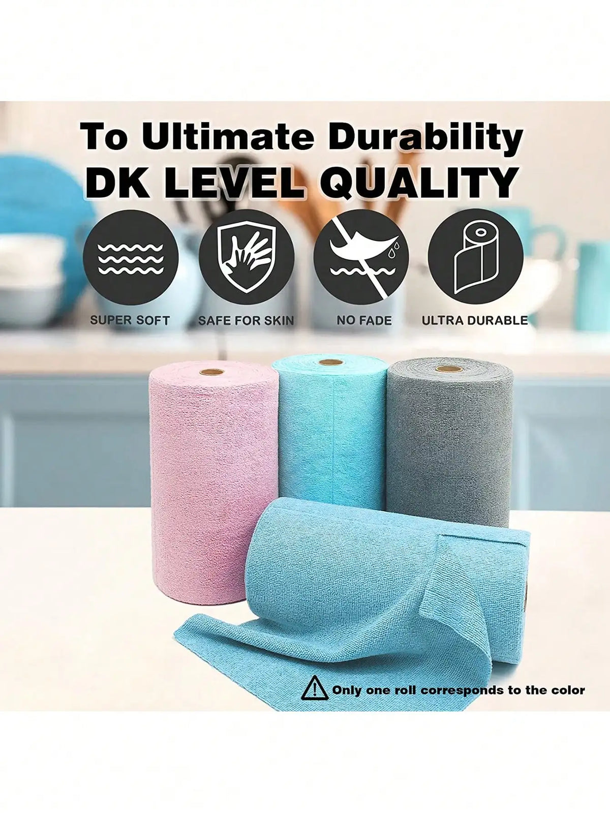 Rolls of reusable ultra-fine fiber tear-off towels in pink, blue, and gray colors.
