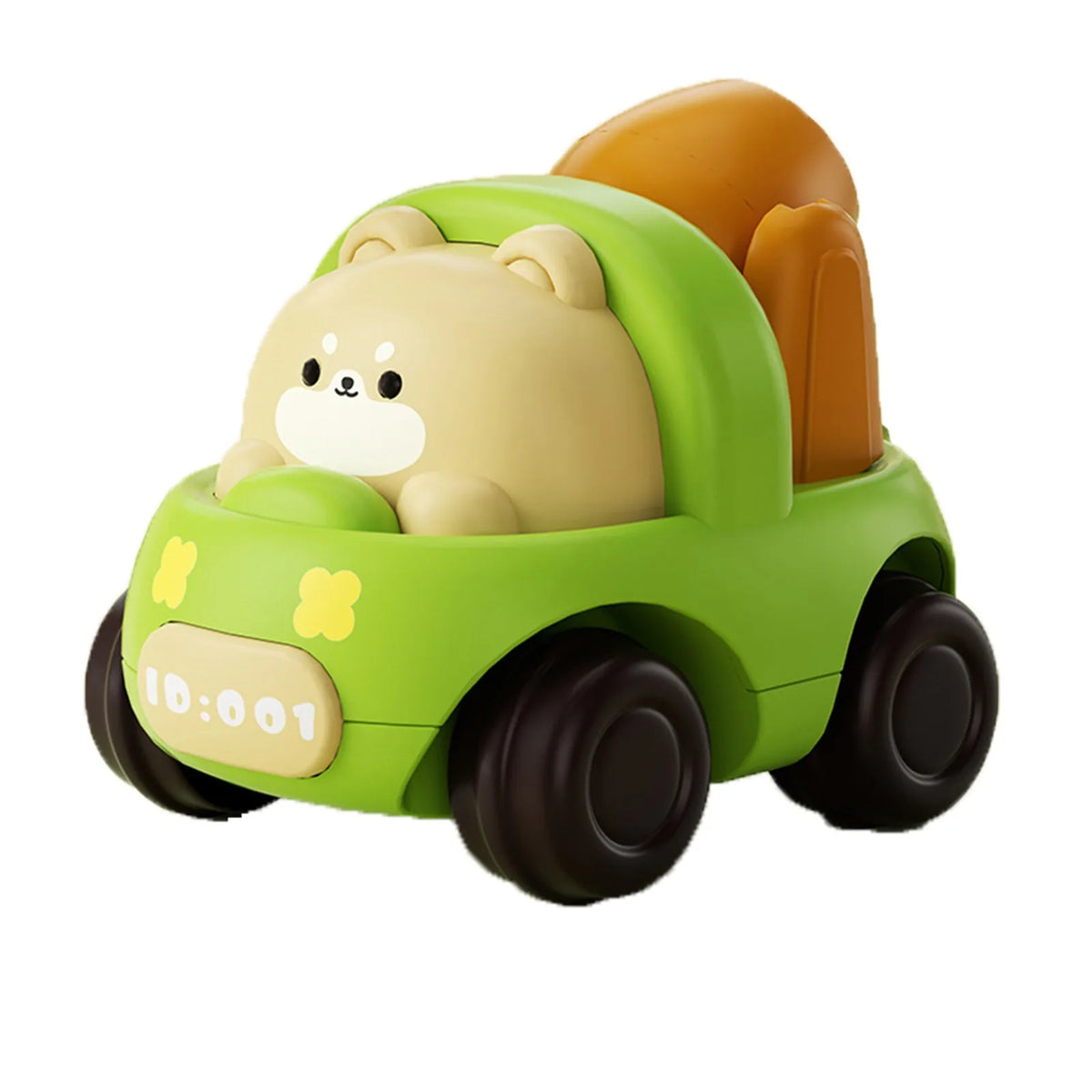 A green push-and-go toy car shaped like a bear, featuring an orange hood and large wheels.