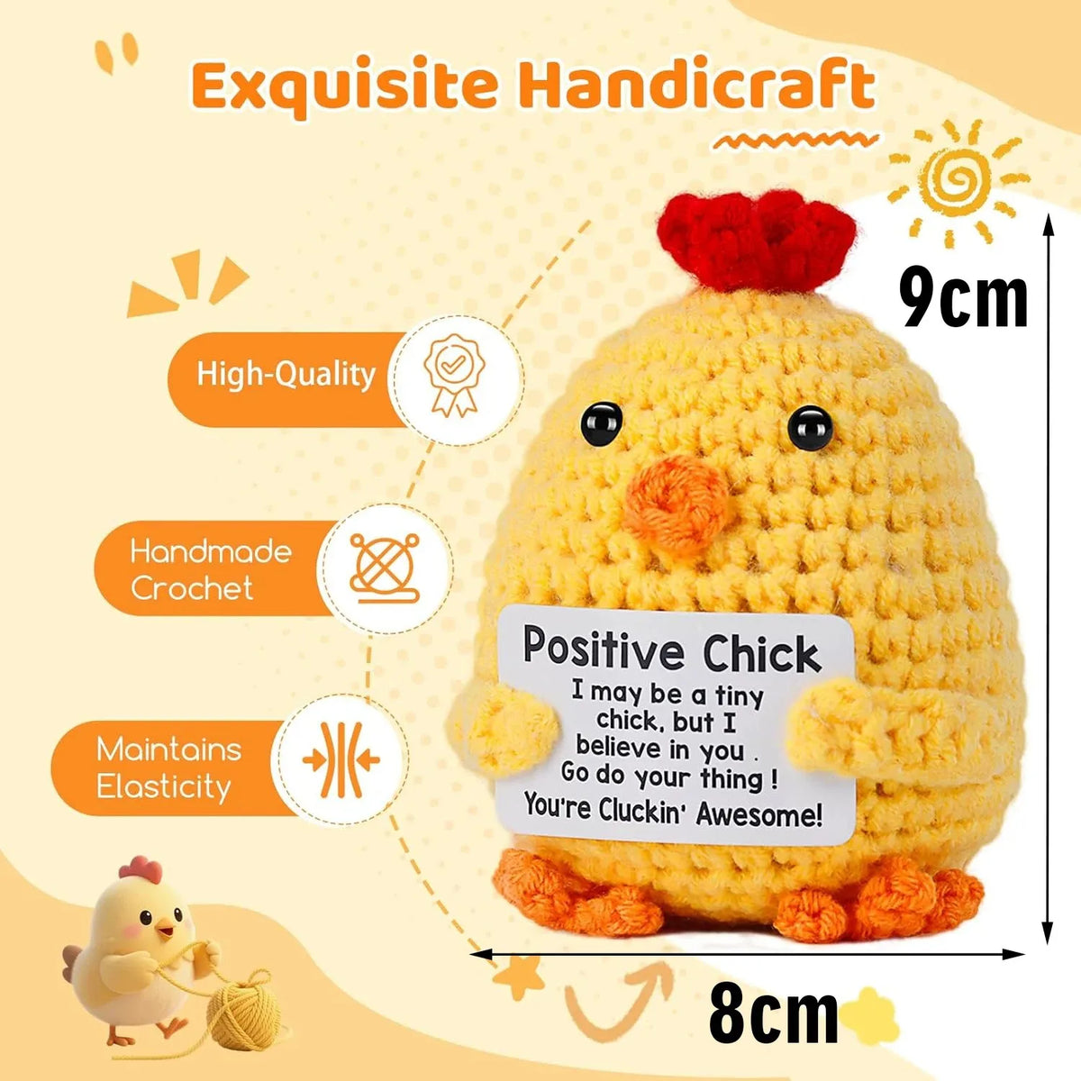 A yellow crochet pocket hug doll with a red tuft on top, demonstrating high quality and elasticity.