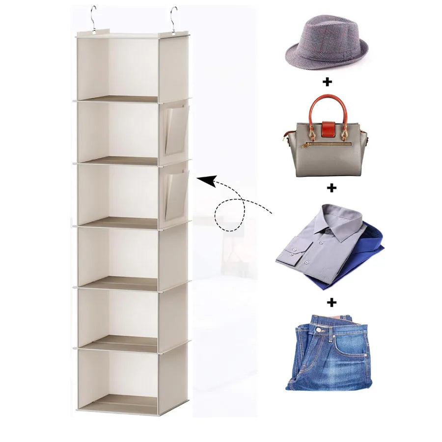 Foldable Hanging Closet Organizer with Multi-Tier Storage and Side Pockets