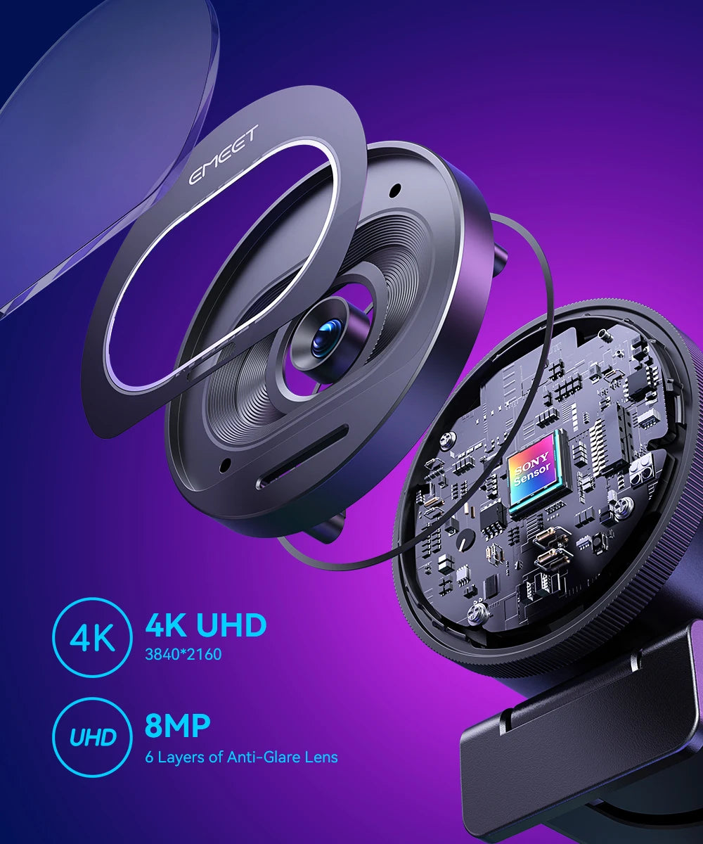 لقطة مقربة لكاميرا بث بجودة 4K من نوع UHD باللون الأسود مع عدسة مضادة للتوهج ومستشعر مرئي.