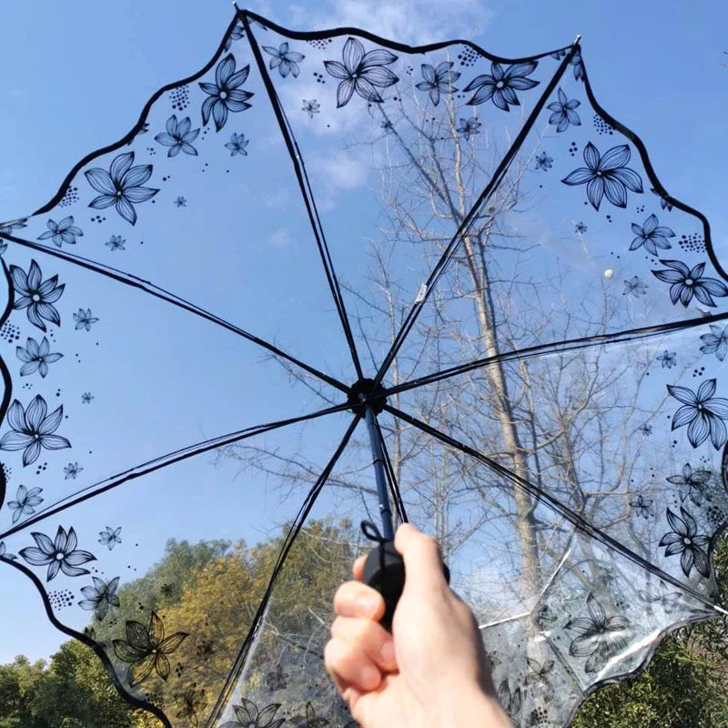 A hand holds a retro transparent arch umbrella with floral design against a blue sky.