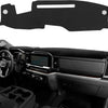 Black custom fit dash cover mat for Chevy Silverado and GMC Sierra vehicles