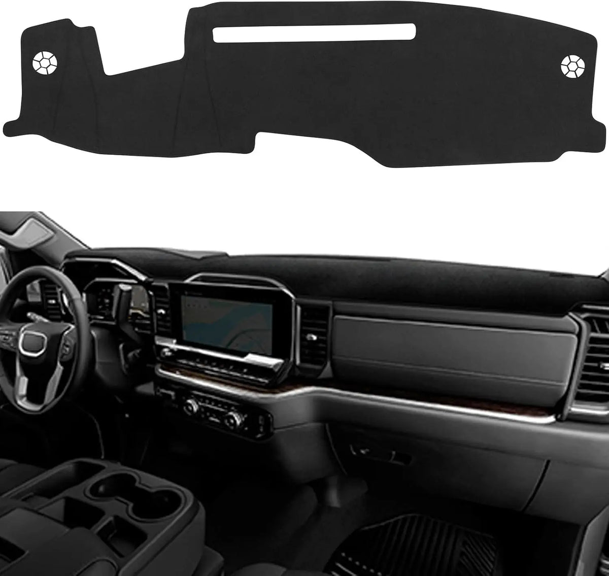Black custom fit dash cover mat for Chevy Silverado and GMC Sierra vehicles