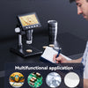 A digital microscope is shown with various applications including examining small animals, PCB repair, jewelry, and textiles.