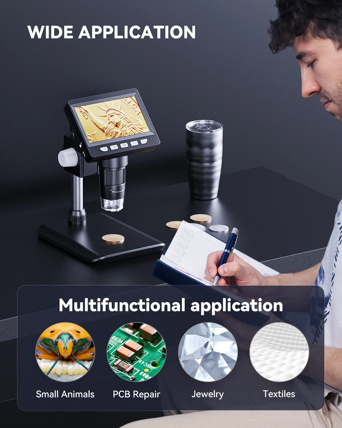 A digital microscope is shown with various applications including examining small animals, PCB repair, jewelry, and textiles.