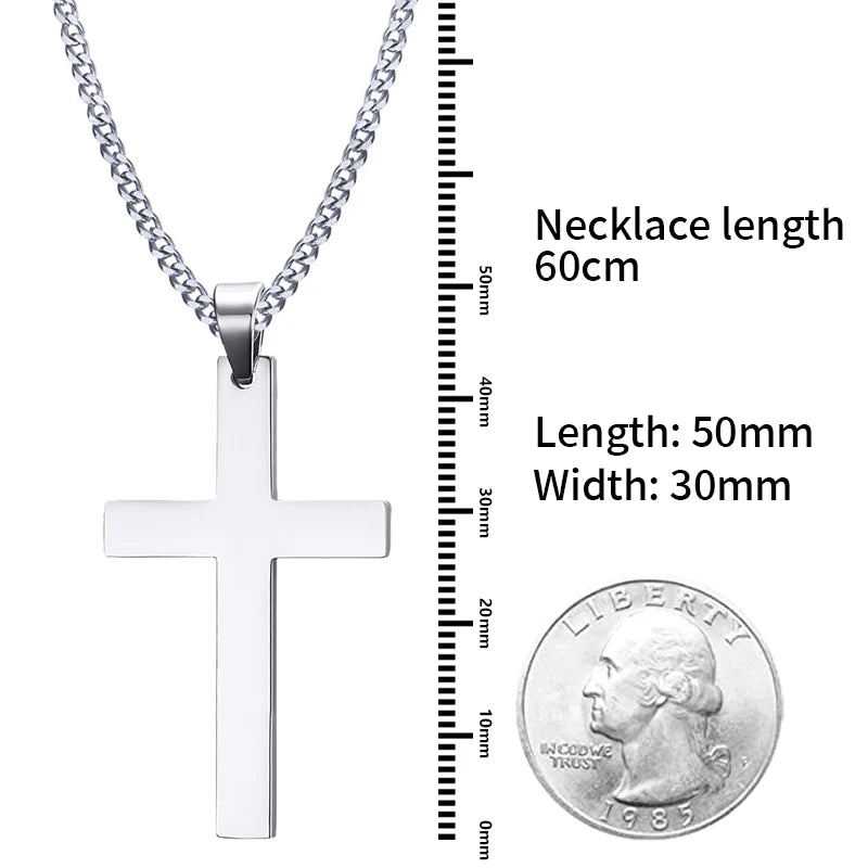 Silver stainless steel cross pendant necklace with a 50mm length and 30mm width.