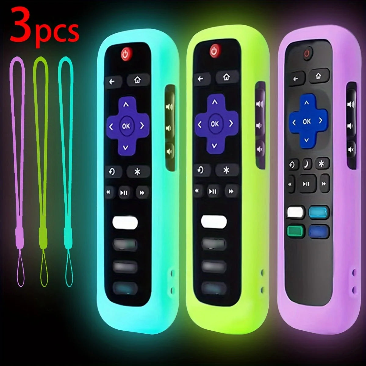 Three glow-in-the-dark silicone TV remote covers in various colors with lanyards