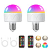 A rechargeable LED smart bulb with a remote control and RGB mode, shown in various forms.