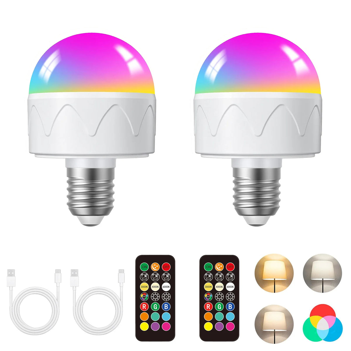 A rechargeable LED smart bulb with a remote control and RGB mode, shown in various forms.