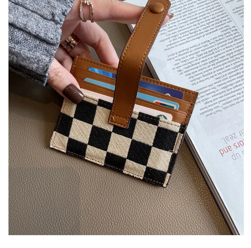 Checkered Canvas Card Wallet with Buckle Closure