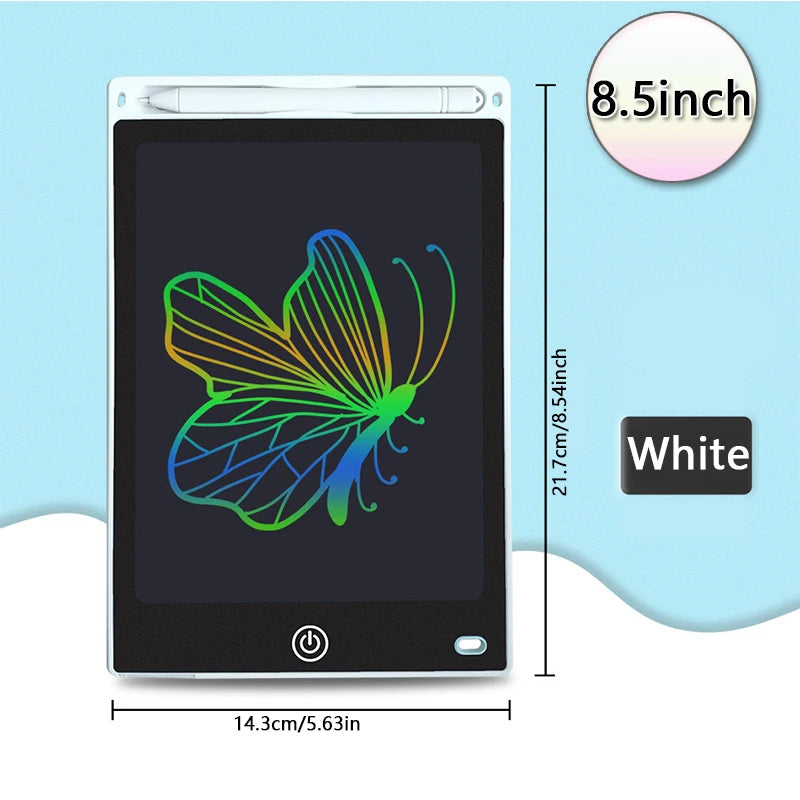 A white 8.5-inch LCD drawing tablet displaying a colorful butterfly design on a black screen.
