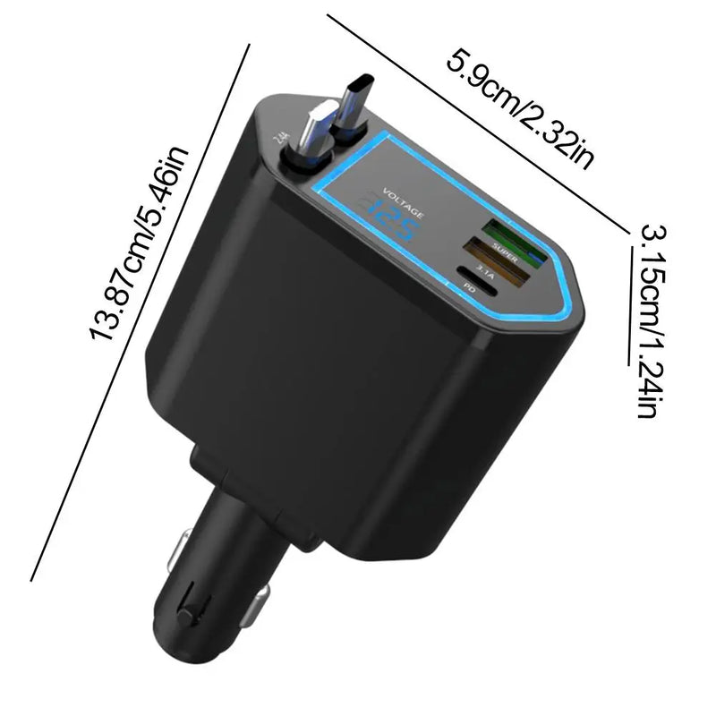 Retractable 120W Car Charger with Built-in Cables