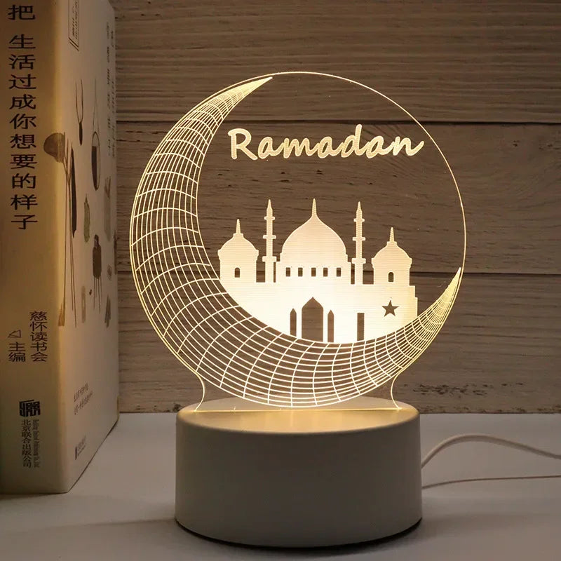 A glowing Ramadan crescent moon silhouette featuring a mosque design on a clear acrylic night light.