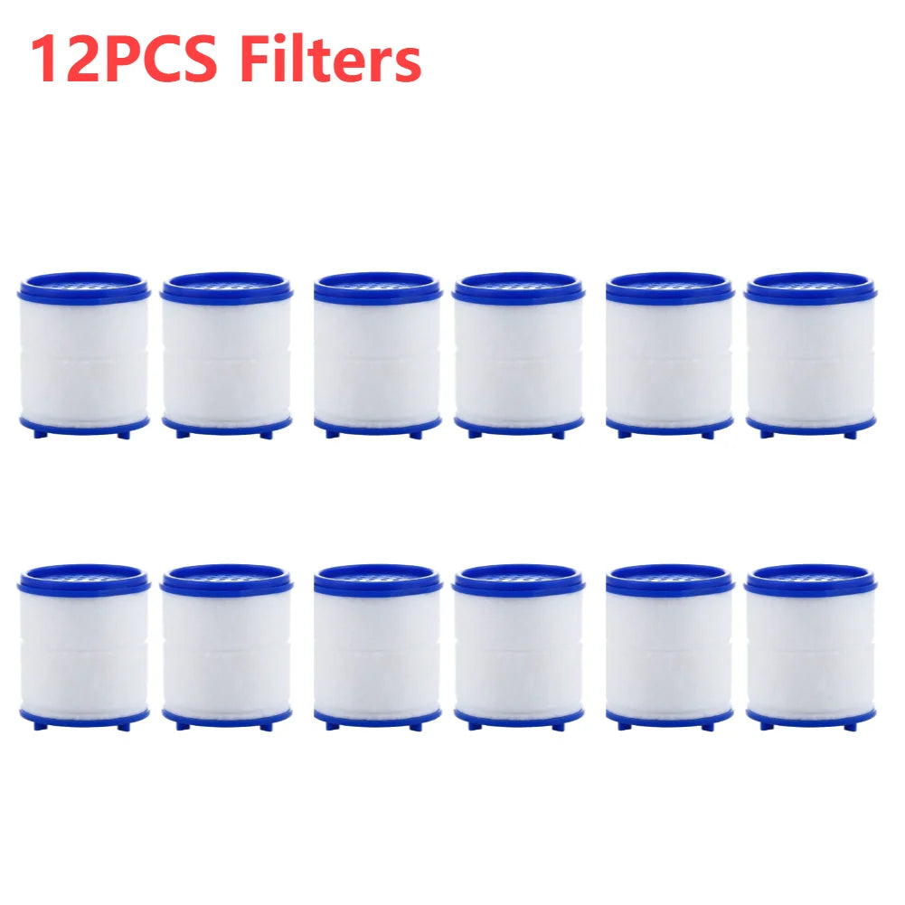 Twelve white and blue faucet water filters packaged in cylindrical containers.
