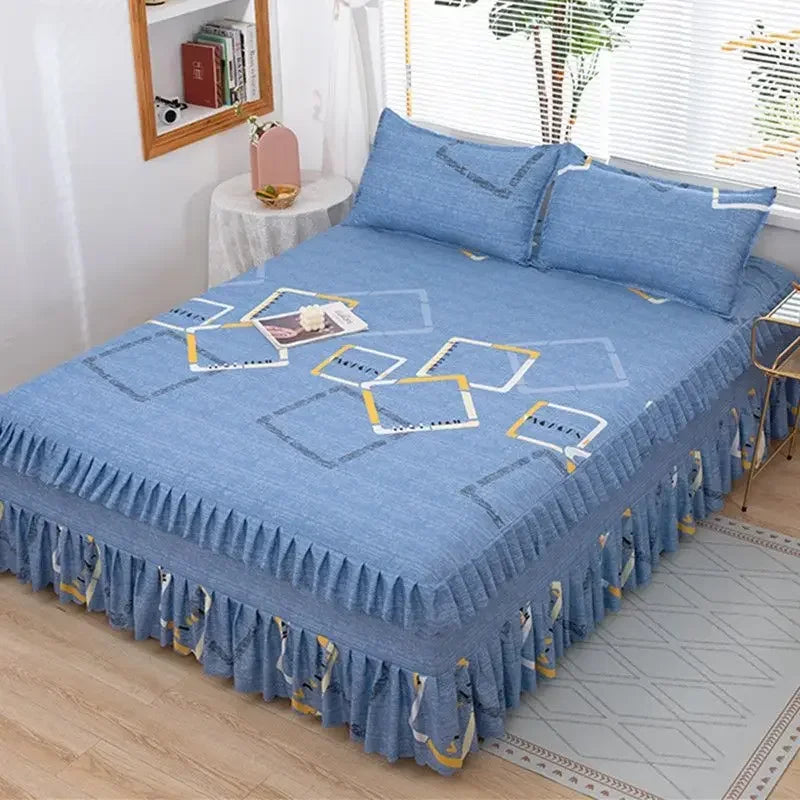 Elegant Elastic Fitted Bed Sheet Set with Lace Skirt and Pillowcases