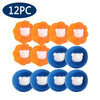 A set of 12 reusable laundry balls for pet hair and lint removal, featuring orange and blue colored balls.
