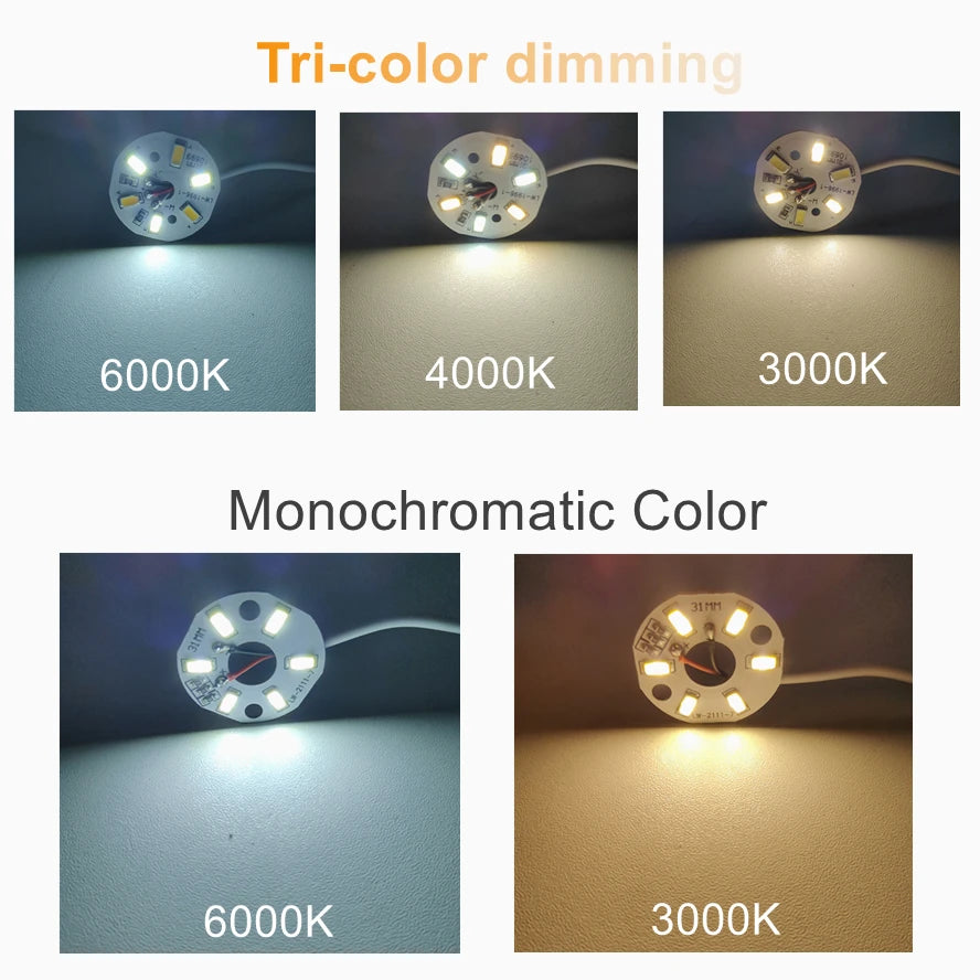Images demonstrating tri-color dimming and monochromatic color options for an LED light board.