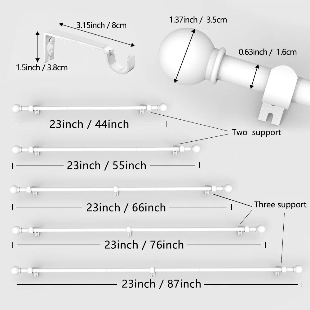 A set of adjustable iron curtain rods with decorative ball finials and mounting hardware shown in various lengths.