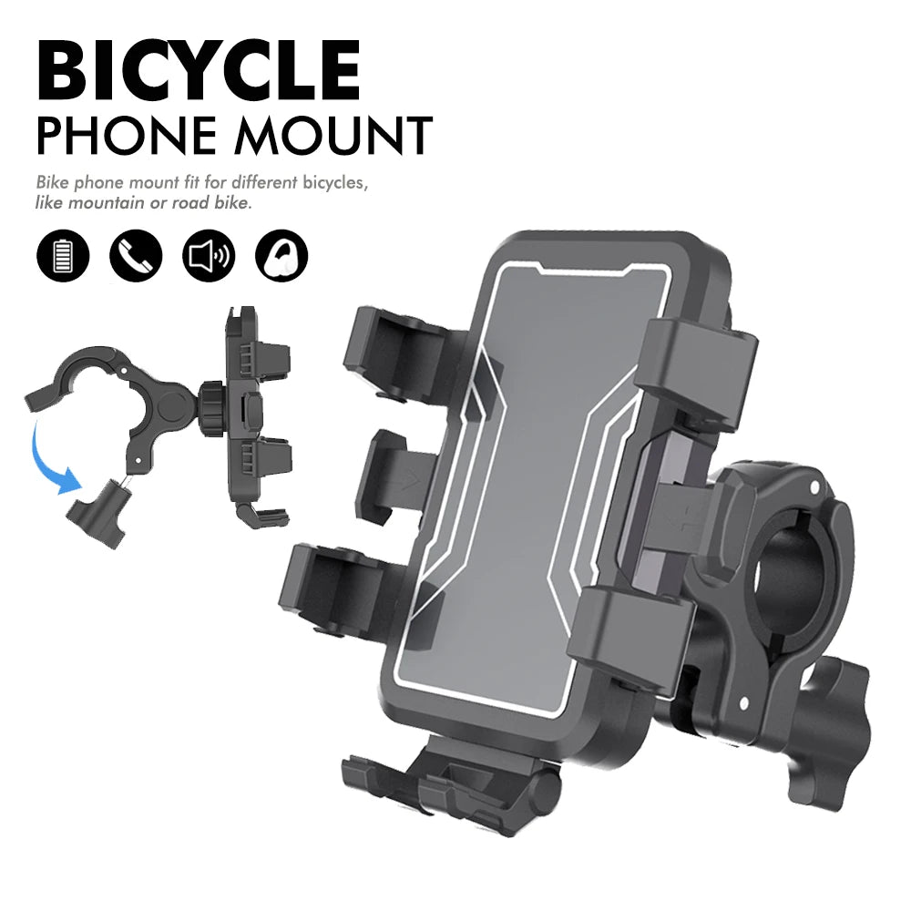 A black bicycle phone mount with a secure claw design shown in various configurations.