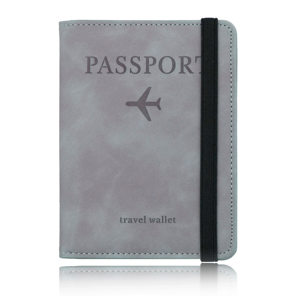 Portefeuille de passeport en cuir gris avec une sangle noire et une icône d'avion argentée.