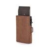 A brown leather card holder wallet with a pop-up feature and a black card slot.