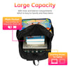 Black backpack showing interior compartments for organizing items like magazines books and a laptop