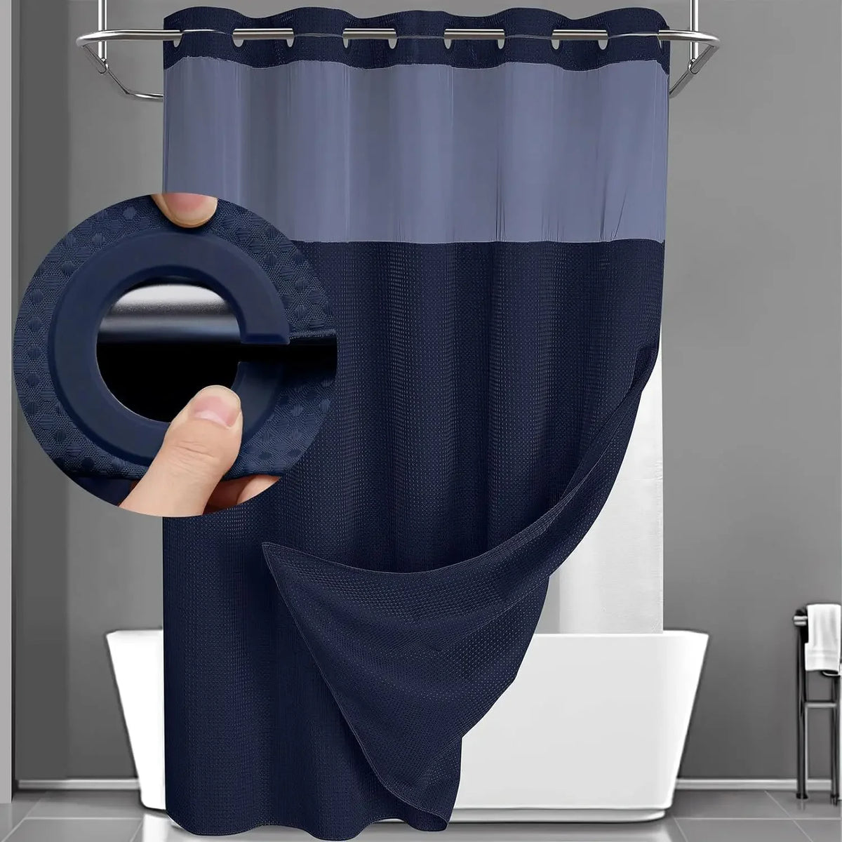 Double-Layer Waffle Shower Curtain with Built-in Snap Liner