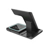 A black foldable wireless charging station designed to charge iPhone, Apple Watch, and AirPods.