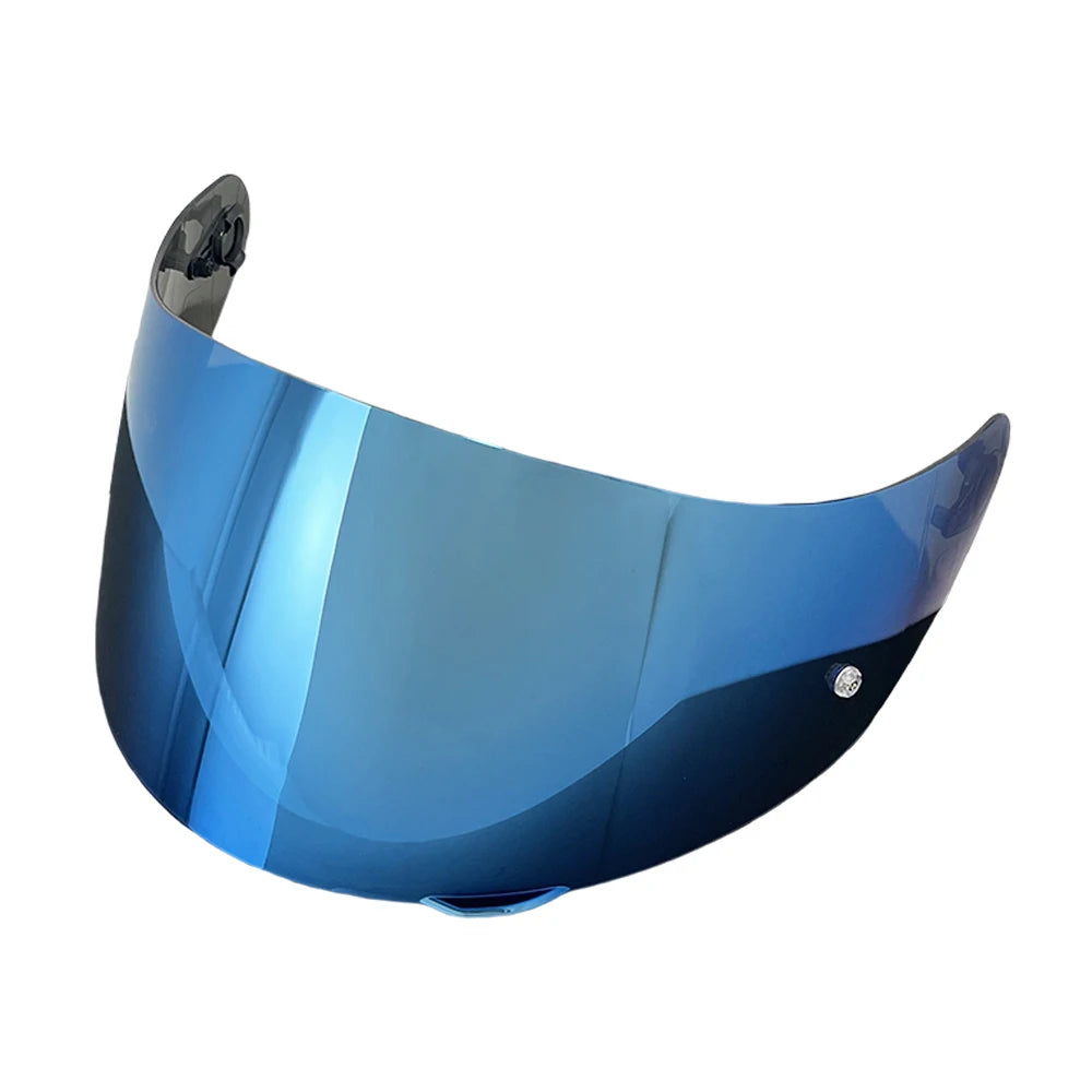 A close-up view of a blue replacement helmet visor with an anti-fog coating.