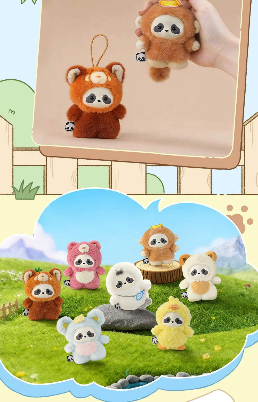 A hand is holding an adorable orange panda plush toy against a light background.