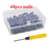 A clear plastic storage case containing 60 nails and a yellow screwdriver for tire puncture repair.
