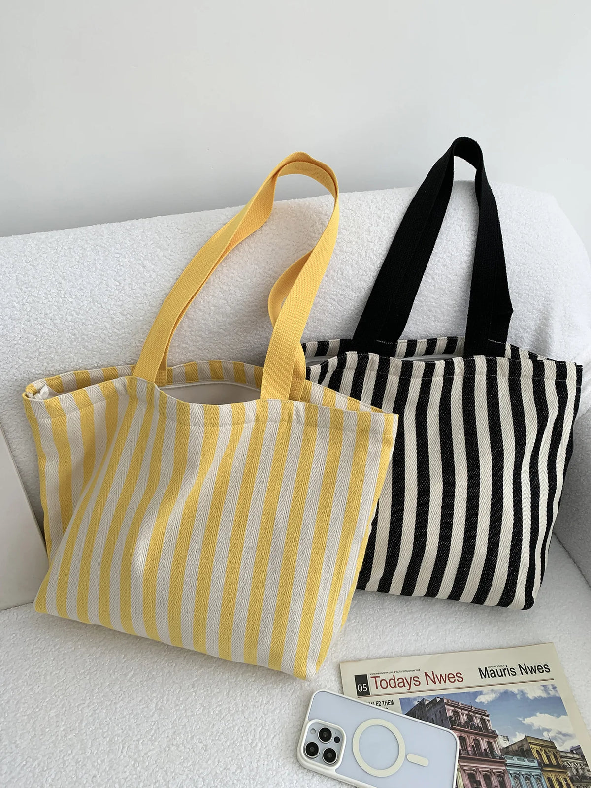 Striped Canvas Shoulder Tote Bag