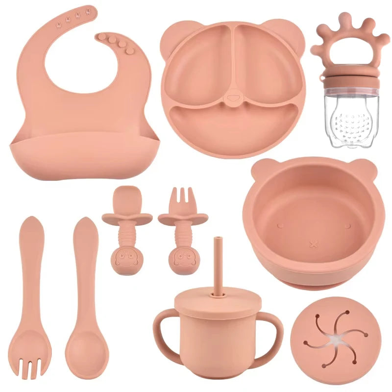 Complete Silicone Baby Feeding Set with Suction Bowl, Plate, Utensils & Bib