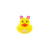 A bright yellow rubber duck bath toy with pink ears.
