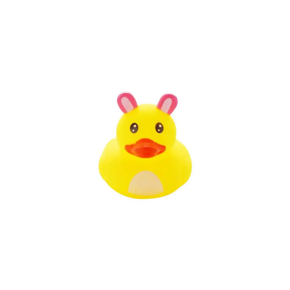 A bright yellow rubber duck bath toy with pink ears.
